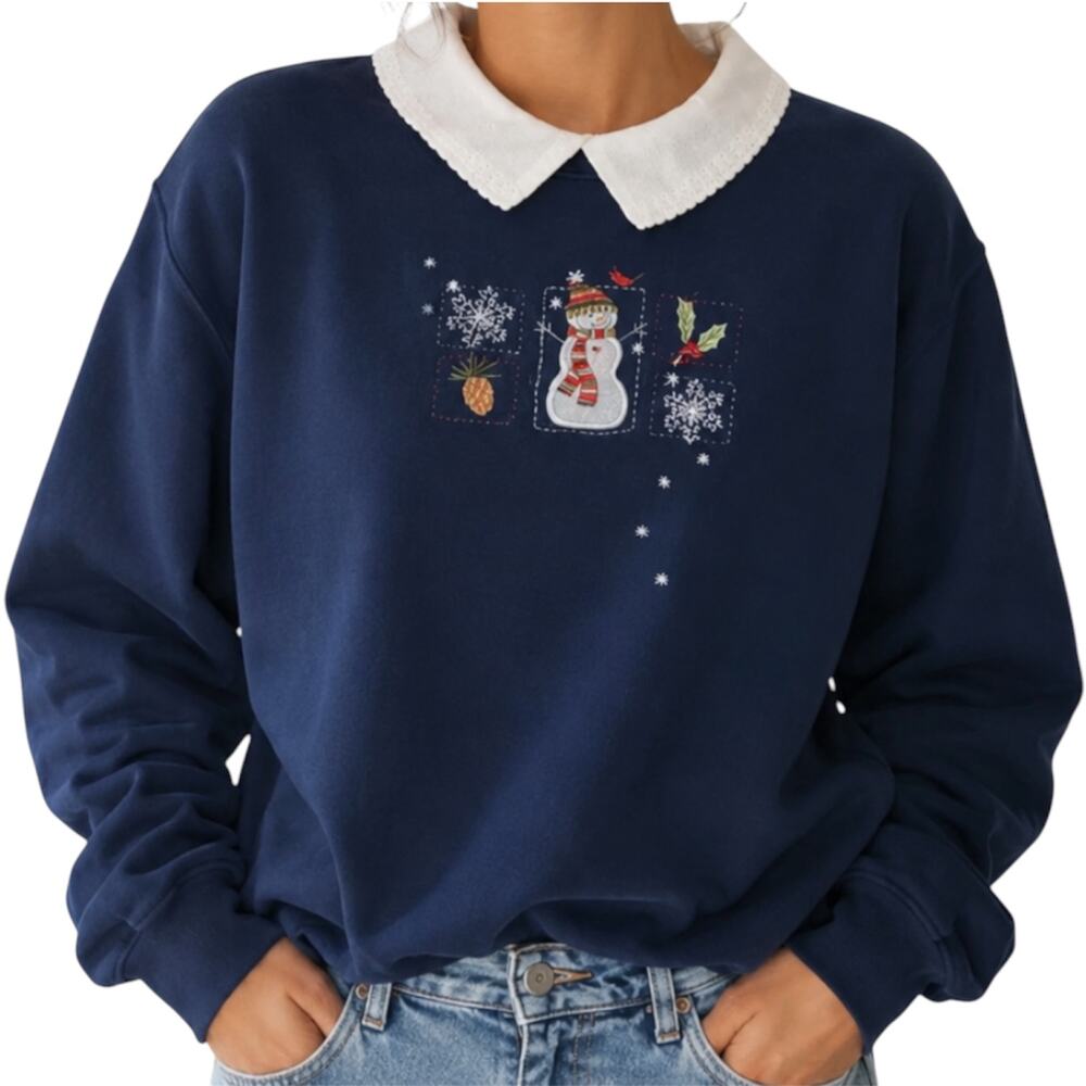 Vintage Morning Sun Topstitch Sweatshirt Collar Embroidery 90s Snowman Holiday M